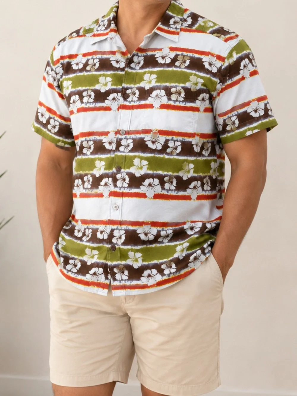 Territory Ahead Men’s Hawaiian Camp Shirt Hibiscus Striped Medium Short Sleeve